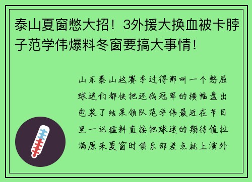 泰山夏窗憋大招！3外援大换血被卡脖子范学伟爆料冬窗要搞大事情！