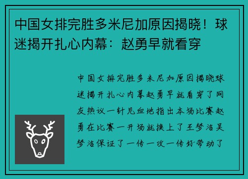 中国女排完胜多米尼加原因揭晓！球迷揭开扎心内幕：赵勇早就看穿